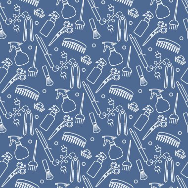 Vektörsüz desenli, profesyonel kuaför aletleri berber kuaför kuaför kuaför cazibe moda moda moda tarağı, saç düzleştirici, makas, parmak izi tasarımı.