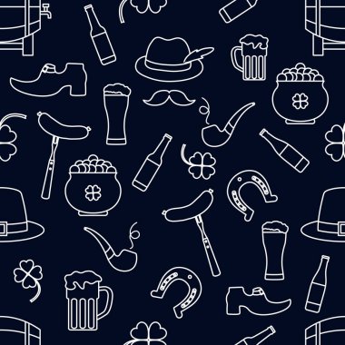 İrlanda Vektörü 'nün kusursuz deseni Mutlu Aziz Patrick Günü illüstrasyonları İrlanda Yonca At Nalı Pipo Pipo Cüce Leprechaun' un ayakkabısı Altın Bıyık Saksısı Tatil Partisi Şenlik Tasarımı