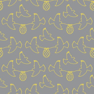 Kusursuz desenli Mutlu Paskalya İki kuşları beyaz arka planda yaylı süslü Paskalya yumurtasıyla ipi tutuyor. Şenlik konsepti. - Sürpriz. Paketleme, kumaş ve baskı için tasarım. Aydınlatıcı ve Nihai Gri.