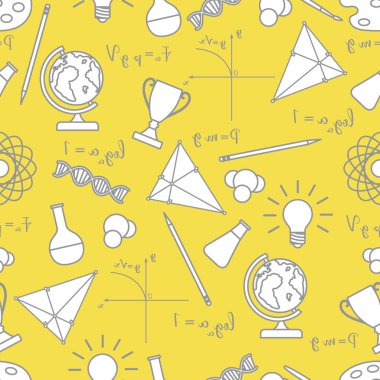 Bilimsel, eğitim unsurlarına sahip vektörsüz örüntü: dünya, formüller, mataralar, moleküller, atom, DNA, fonksiyon grafiği, kalem, üçgen. Web siteleri, posterler, uygulamalar, baskılar için tasarım. Aydınlatıcı ve Nihai Gri.