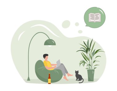 Vektör illüstrasyoncu adam kitap okur, tablet ve dizüstü bilgisayardan sesli kitap dinler. Ev hayatı konseptinde rahatlamak. Mesafe öğrenme. Boş zaman. Teknoloji. Dinlen. Düz stil. Web sitesi, uygulama, yazdırma için tasarım