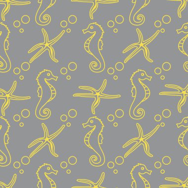 Deniz atları, denizyıldızı ve baloncuklarla kusursuz bir desen. Denizci geçmişi. Tekstil, afiş, poster ya da baskı tasarımı. Aydınlatıcı ve Nihai Gri.