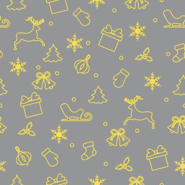 Mutlu yıllar ve kusursuz noeller. Eldiven, kızak, hediye, kar taneleri, geyik, çan, Noel çorabı, ökseotu, Noel ağacı. Aydınlatıcı ve Nihai Gri.
