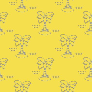 Palmiye ağaçları, hindistan cevizleri ve dalgalarla kusursuz desen. Kartpostal, davetiye ve pankart için tasarım. Aydınlatıcı ve Nihai Gri.