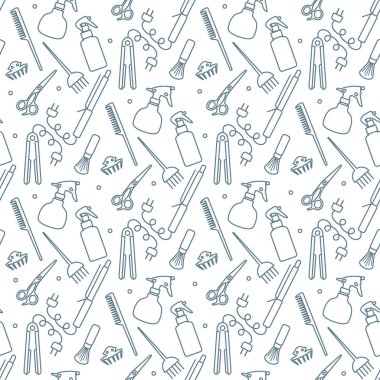 Vektörsüz desenli, profesyonel kuaför aletleri berber kuaför kuaför kuaför cazibe moda moda moda tarağı, saç düzleştirici, makas, parmak izi tasarımı.