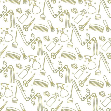 Vektörsüz desenli, profesyonel kuaför aletleri berber kuaför kuaför kuaför cazibe moda moda moda tarağı, saç düzleştirici, makas, parmak izi tasarımı.