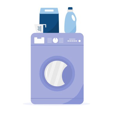Vektör İllüstrasyon Çamaşır Temizleme Servisi Çamaşır Makinesi, Çamaşır Tozu, deterjanlar Ev işleri Çamaşır Temizleme Görevleri Parmak izi Tasarımı