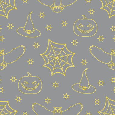 Cadılar Bayramı vektörsüz desenli örümcek ağı, kartal baykuşu, balkabağı, şapka, cadı, yıldızlar. Parti kartı, ambalaj, kumaş, baskı için tasarım. Aydınlatıcı ve Nihai Gri.