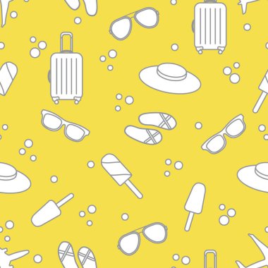 Bavullu, dondurmalı, şapkalı, güneş gözlüklü, plaj terlikli kusursuz desen. Yaz tatili konsepti. Aydınlatıcı ve Nihai Gri.