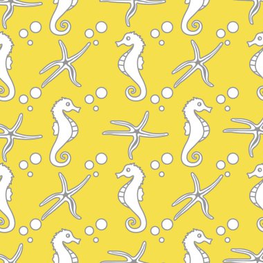 Deniz atları, denizyıldızı ve baloncuklarla kusursuz bir desen. Denizci geçmişi. Tekstil, afiş, poster ya da baskı tasarımı. Aydınlatıcı ve Nihai Gri.