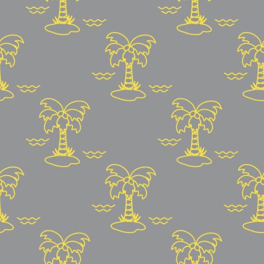 Palmiye ağaçları, hindistan cevizleri ve dalgalarla kusursuz desen. Kartpostal, davetiye ve pankart için tasarım. Aydınlatıcı ve Nihai Gri.