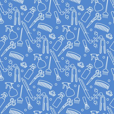 Vektörsüz desenli, profesyonel kuaför aletleri berber kuaför kuaför kuaför cazibe moda moda moda tarağı, saç düzleştirici, makas, parmak izi tasarımı.