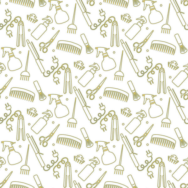 Vector Seamless pattern Illustration Professional hairdresser tools Barbershop Beauty Hairdressing salon Glamour fashion vogue style Comb, hair straighteners, curling tongs, scissors Design for print