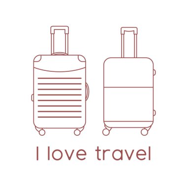Vektör illüstrasyon valizleri beyaz arkaplanda izole edildi. Seyahat etmeyi severim. Yaz tatili, tatil, tatil. Seyahat acentesi, rezervasyon servisi. Web sayfası için dizayn, yazdırma