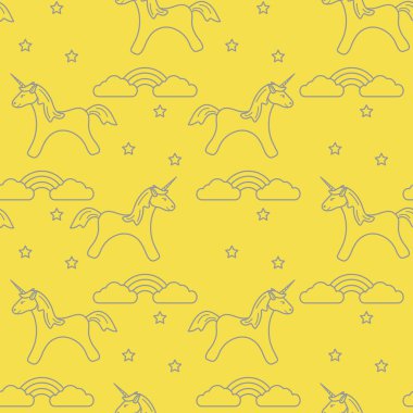 Sihirli tek boynuzlu at, yıldızlar, bulutlar ve gökkuşağı ile kusursuz bir desen. Çocuk grafiği, tişört, kapak, hediye kartı için tasarım. Aydınlatıcı ve Nihai Gri.