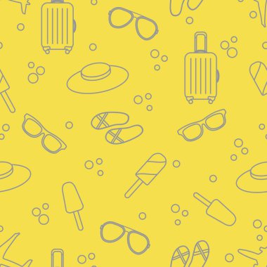 Bavullu, dondurmalı, şapkalı, güneş gözlüklü, plaj terlikli kusursuz desen. Yaz tatili konsepti. Aydınlatıcı ve Nihai Gri.