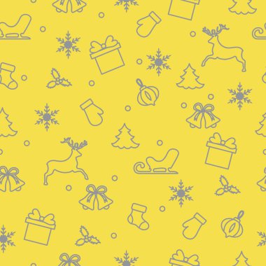 Mutlu yıllar ve kusursuz noeller. Eldiven, kızak, hediye, kar taneleri, geyik, çan, Noel çorabı, ökseotu, Noel ağacı. Aydınlatıcı ve Nihai Gri.