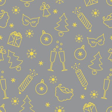 Mutlu Noeller. Mutlu yıllar. Vektör kusursuz desen. Hediyeler, çan, karnaval maskesi, Noel Baba sakalı, bıyık, kraker, gözlük, Noel ağacı, kar taneleri Aydınlatma ve Nihai Gri.