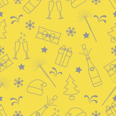 Mutlu Noeller, yeni yıl vektörsüz şablon. Hediyeler, Noel Baba şapkası, maytap, şişe, bardak, Noel ağacı, kar taneleri. Şenlik arka planı. Kumaş, baskı, ambalaj kağıdı Aydınlatma ve Nihai Gri.