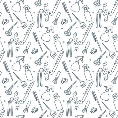 Vektörsüz desenli, profesyonel kuaför aletleri berber kuaför kuaför kuaför cazibe moda moda moda tarağı, saç düzleştirici, makas, parmak izi tasarımı.