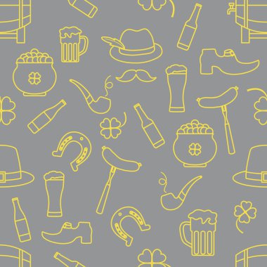 İrlanda Vektör Örnekleri Kusursuz Aziz Patrick Günü illüstrasyonunuz İrlanda Yonca At Nalı Pipo Pipo Cüce Leprechaun 'un Ayakkabı Tenceresi Altın Bıyık Şapka Tatil Partisi Aydınlatma ve Nihai Gri Tasarım.