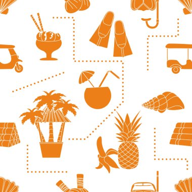 Kusursuz desenli seyahat vektör ilüstrasyonu Tatil Macerası Yaz Gezisi Tuk-tuk, palmiye ağacı, maske, şnorkel, palet, masaj için bitkisel keseler, kabuk, ananas, muz, kokteyl