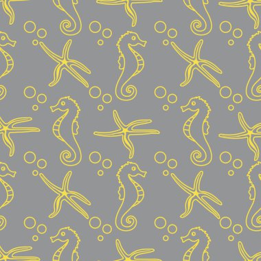 Deniz atları, denizyıldızı ve baloncuklarla kusursuz bir desen. Denizci geçmişi. Tekstil, afiş, poster ya da baskı tasarımı. Aydınlatıcı ve Nihai Gri.