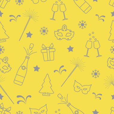 Yeni yıl sembolleri ile kusursuz desen. Hediyeler, havai fişekler, şampanya şişesi ve bardaklar, Noel ağacı, maske, yıldızlar, kar taneleri. Aydınlatıcı ve Nihai Gri.