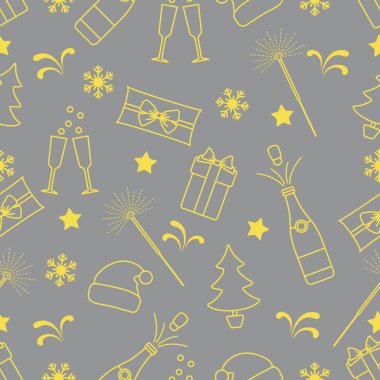 Mutlu Noeller, yeni yıl vektörsüz şablon. Hediyeler, Noel Baba şapkası, maytap, şişe, bardak, Noel ağacı, kar taneleri. Şenlik arka planı. Kumaş, baskı, ambalaj kağıdı Aydınlatma ve Nihai Gri.