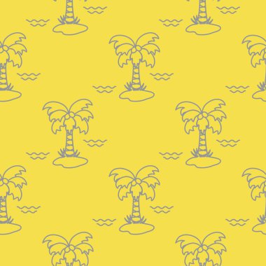 Palmiye ağaçları, hindistan cevizleri ve dalgalarla kusursuz desen. Kartpostal, davetiye ve pankart için tasarım. Aydınlatıcı ve Nihai Gri.