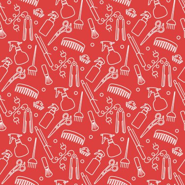 Vektörsüz desenli, profesyonel kuaför aletleri berber kuaför kuaför kuaför cazibe moda moda moda tarağı, saç düzleştirici, makas, parmak izi tasarımı.