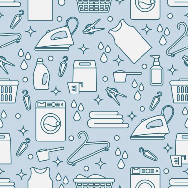 Vektör Tertemiz Çizim Çamaşır Temizleme Servisi Çamaşır Makinesi, Çamaşır sepeti, deterjan, demir, mandal, askı, çarşaf. Baskı için Ev işleri Çamaşırhane Görevleri Tasarımı