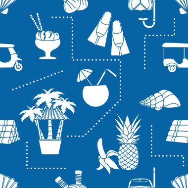 Kusursuz desenli seyahat vektör ilüstrasyonu Tatil Macerası Yaz Gezisi Tuk-tuk, palmiye ağacı, maske, şnorkel, palet, masaj için bitkisel keseler, kabuk, ananas, muz, kokteyl
