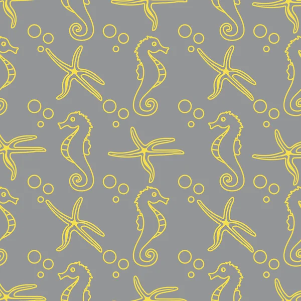 Deniz atları, denizyıldızı ve baloncuklarla kusursuz bir desen. Denizci geçmişi. Tekstil, afiş, poster ya da baskı tasarımı. Aydınlatıcı ve Nihai Gri.