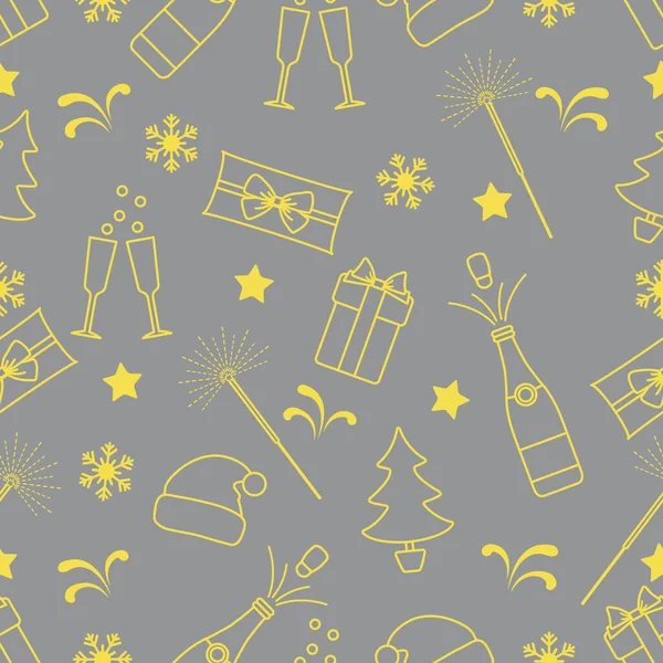 Mutlu Noeller, yeni yıl vektörsüz şablon. Hediyeler, Noel Baba şapkası, maytap, şişe, bardak, Noel ağacı, kar taneleri. Şenlik arka planı. Kumaş, baskı, ambalaj kağıdı Aydınlatma ve Nihai Gri.