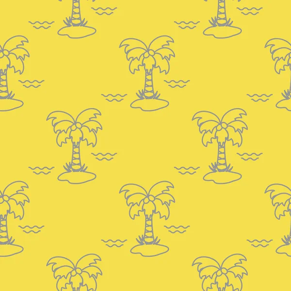 Palmiye ağaçları, hindistan cevizleri ve dalgalarla kusursuz desen. Kartpostal, davetiye ve pankart için tasarım. Aydınlatıcı ve Nihai Gri.