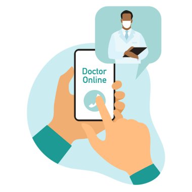 Danışmanlık Doktor çevrimiçi vektör illüstrasyonu Eller hastayla çevrimiçi tıbbi iletişimi elinde tutuyor. Sanal hastane. Tıbbi destek. Sağlık hizmetleri. Web sitesi, uygulama, yazdırma için Düz Biçim Tasarımı
