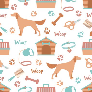 Vektör desensiz illüstrasyon Köpek, köpek kulübesi, patika izleri, kemik, yaka, tarak, makas, tasma taşıma, hayvan arka plan hayvan dükkanı, veteriner, barınak konsepti kumaş, parmak izi tasarımı