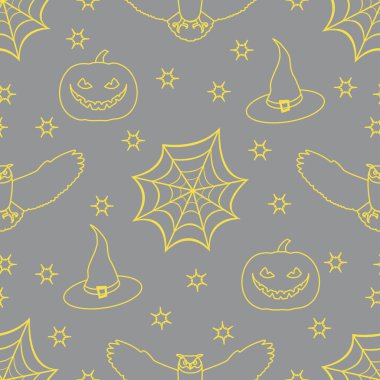 Cadılar Bayramı vektörsüz desenli örümcek ağı, kartal baykuşu, balkabağı, şapka, cadı, yıldızlar. Parti kartı, ambalaj, kumaş, baskı için tasarım. Aydınlatıcı ve Nihai Gri.