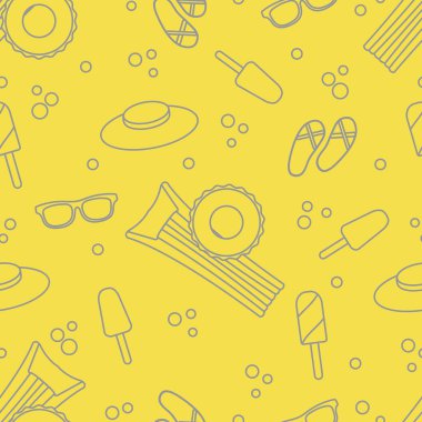 Şişme şilteli, şişme dairesi, dondurma, şapka, gözlük, plaj terlikleri. Yaz tatili konsepti. Aydınlatıcı ve Nihai Gri.