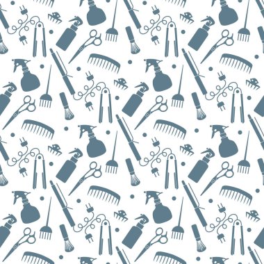 Vektörsüz desenli, profesyonel kuaför aletleri berber kuaför kuaför kuaför cazibe moda moda moda tarağı, saç düzleştirici, makas, parmak izi tasarımı.