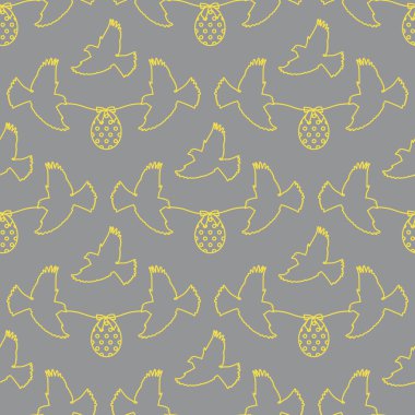 Kusursuz desenli Mutlu Paskalya İki kuşları beyaz arka planda yaylı süslü Paskalya yumurtasıyla ipi tutuyor. Şenlik konsepti. - Sürpriz. Paketleme, kumaş ve baskı için tasarım. Aydınlatıcı ve Nihai Gri.