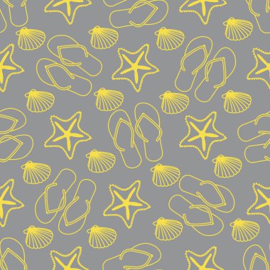 Çevirmeli terlik, denizyıldızı ve kabuklu vektörsüz seyahat çizimi. Yaz tatili, tatil, tatil, boş zaman geçmişi. Seyahat acentesi kavramı. Tasarım ambalajı, kumaş, baskı Aydınlatma ve Nihai Gri.