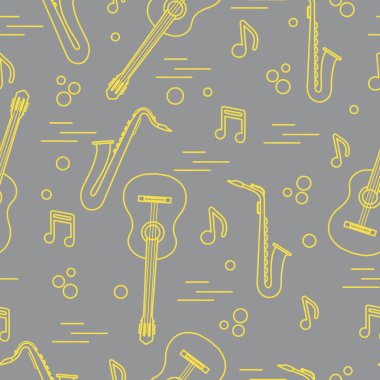Saksafonlu, notalı, gitarlı kusursuz desen. Müzik aletleri. Aydınlatıcı ve Nihai Gri.
