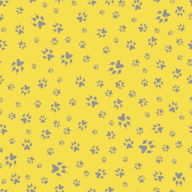 Köpek patisi izleri olan kusursuz bir iz. Hayvan geçmişi. Evcil hayvan ayak izleri. Tekstil, ambalaj, baskı için tasarım. Aydınlatıcı ve Nihai Gri.