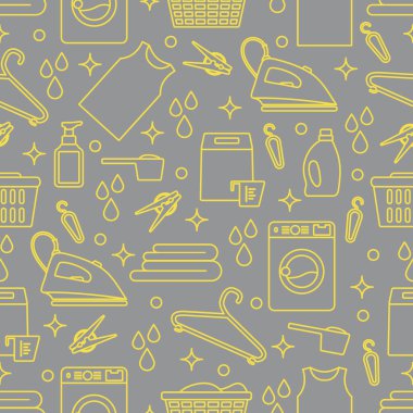 Vektör Tertemiz Çizim Çamaşır Temizleme Servisi Çamaşır Makinesi, Çamaşır sepeti, deterjan, demir, mandal, askı, çarşaf. Baskı için Ev işleri Çamaşırhane Görevleri Tasarımı