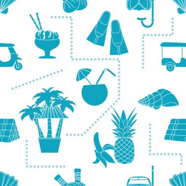 Kusursuz desenli seyahat vektör ilüstrasyonu Tatil Macerası Yaz Gezisi Tuk-tuk, palmiye ağacı, maske, şnorkel, palet, masaj için bitkisel keseler, kabuk, ananas, muz, kokteyl