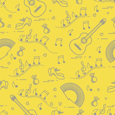 Pervaneli, ayakkabılı, kastanyetli, notalı, gitarlı kusursuz desen. Seyahat ve boş zaman. İspanya 'nın geleneksel sembolleri. Aydınlatıcı ve Nihai Gri.