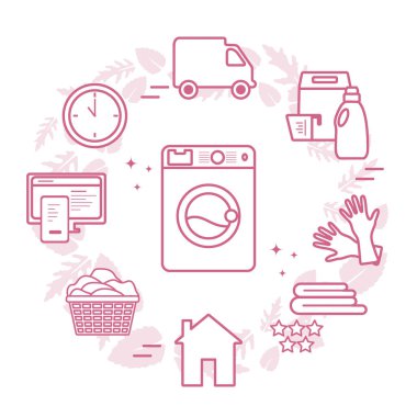 Vektör Illustration Profesyonel Kaliteli Çamaşır Servisi. Çamaşırhane görevleri internet üzerinden bul ve sipariş et. Oda servisi. Ev işleri, ev işleri. Çamaşır makinesi, deterjanlar. Web için tasarım, yazdırma