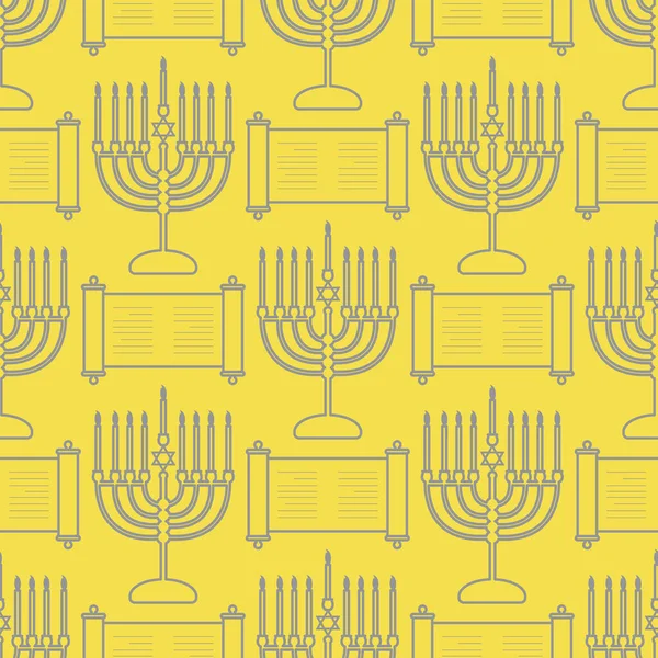 Happy Hanukkah. Jewish holiday Vector seamless pattern with traditional Chanukah symbols Menorah candles, Torah scroll on the white background. Festive design for textile, wrapping, print Illuminating and Ultimate Gray.